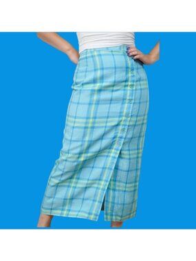 Vintage Talbots Plaid Midi Skirt 100% Linen Turquoise Blue Yellow Size 12 Petite